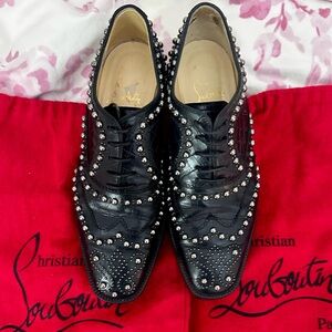 Christian Louboutin Black croc embossed leather and Silver Studded Oxfords